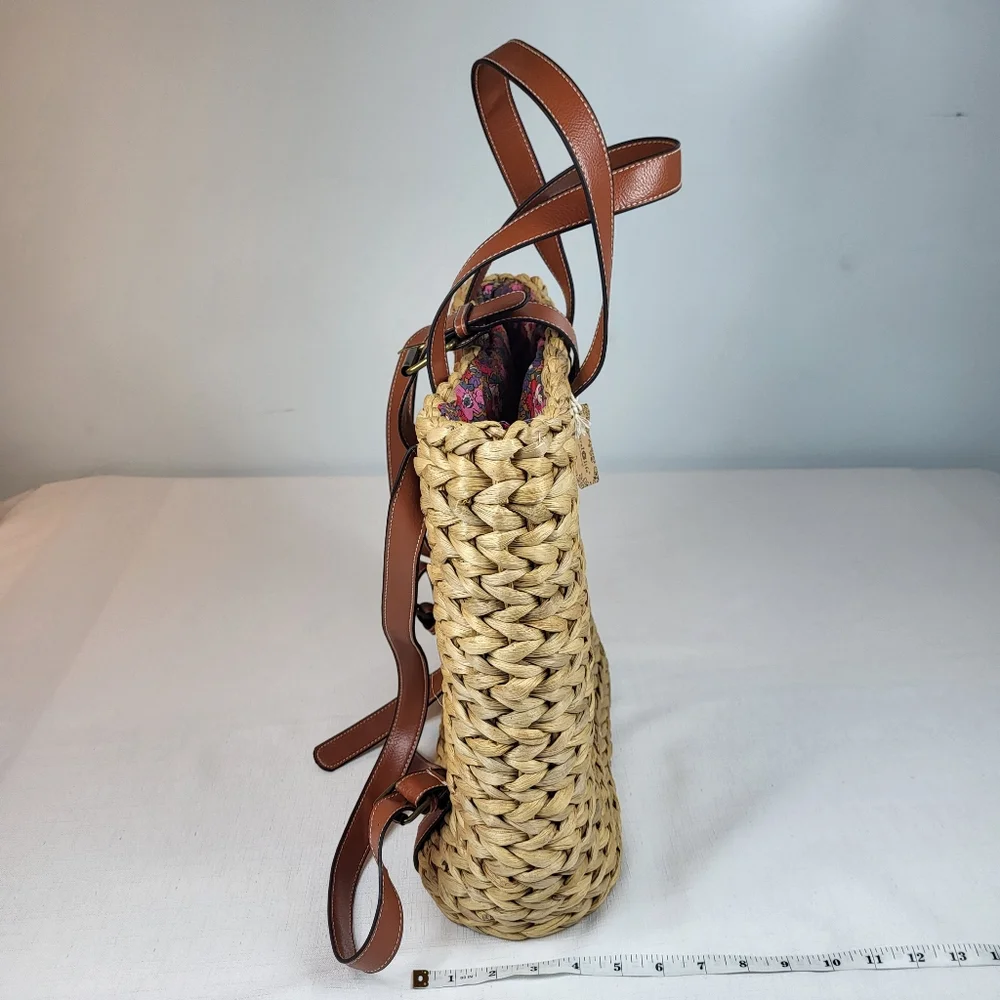 Natural Life Straw Backpack Tote BAG Floral Lined Water Hyacinth Woven Boho NWT